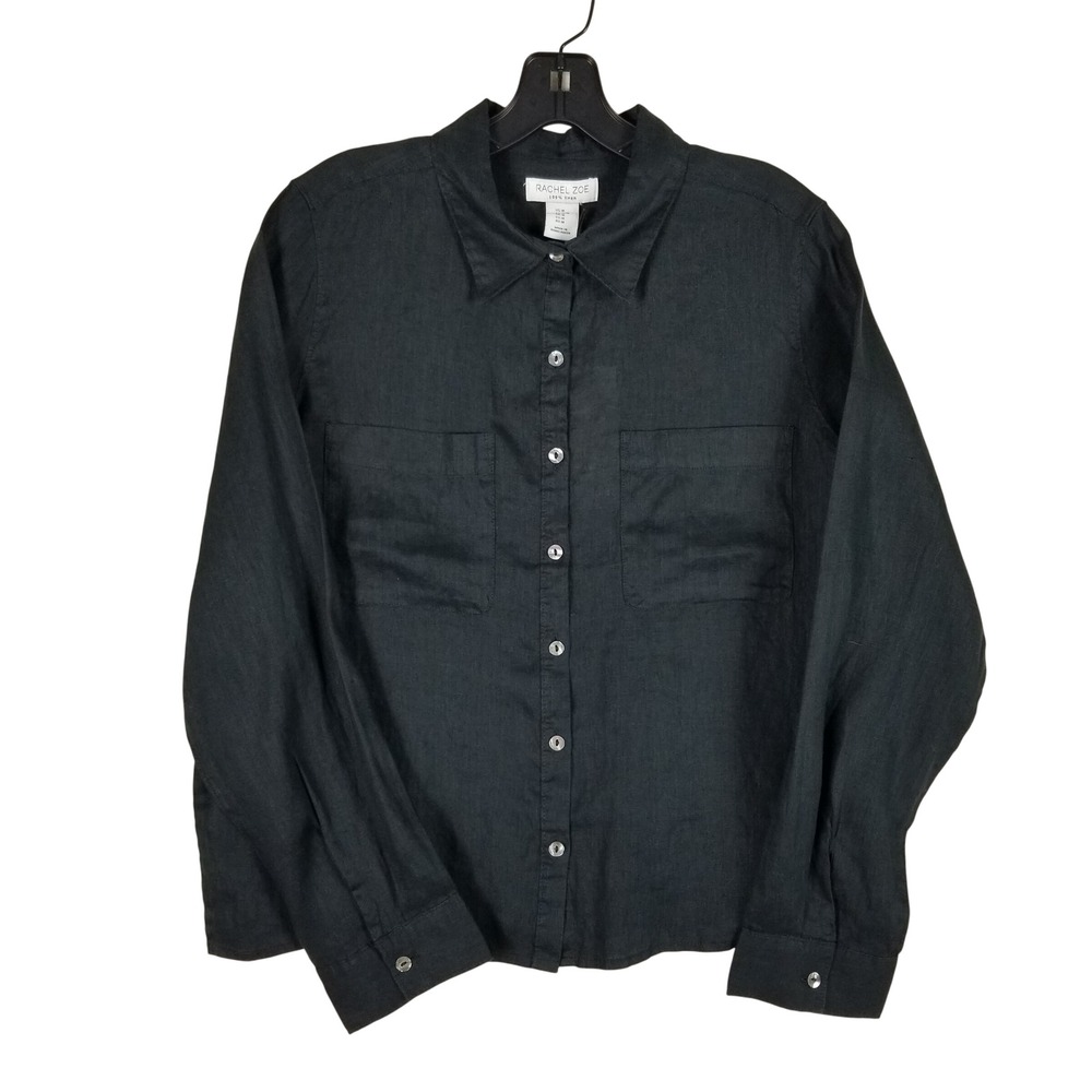 Rachel Zoe Button Down Shirt Womens Medium Black 100% Linen Long Sleeve Utility